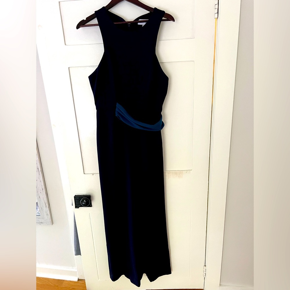 Navy jumpsuit with teal draped waist detail